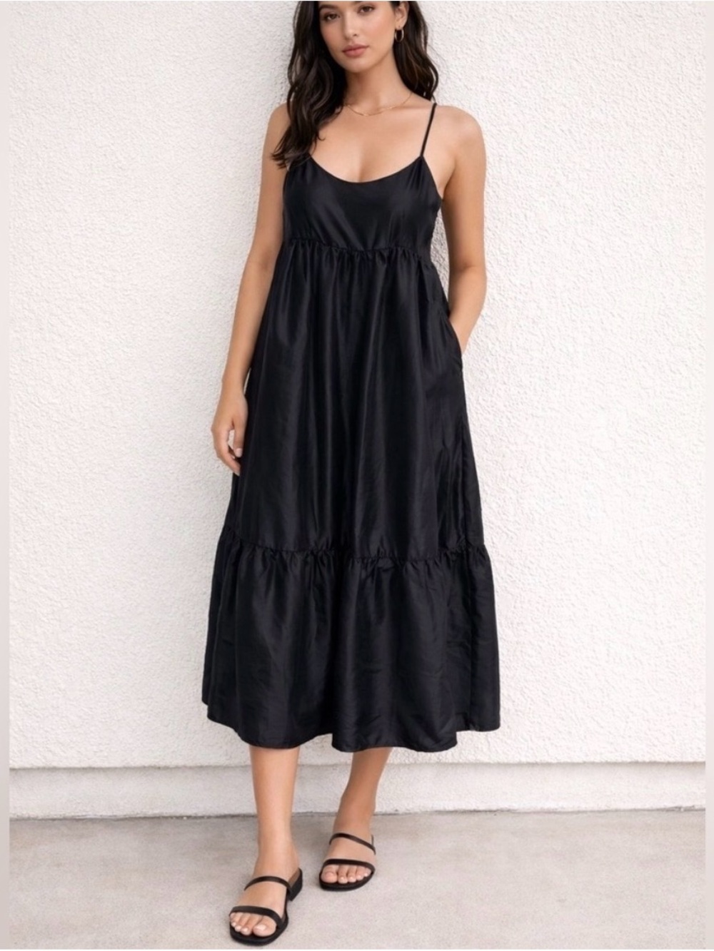 Chelsea & Violet Black Satin Tiered Spaghetti-Strap Midi Dress